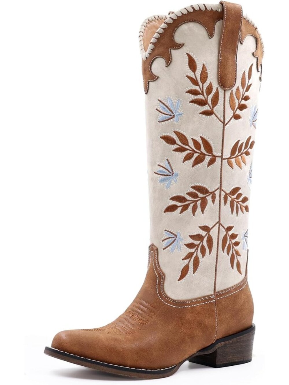 Women's Brown Cowgirl Boots Pull On Knee High Round Toe Chunky Heel Western Boot